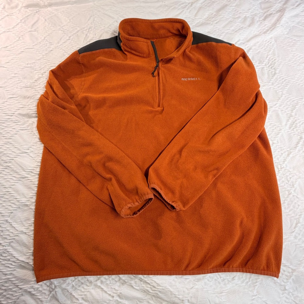 Merrell Mens Quarter Zip Fleece Pullover Burnt Orange Grey Shoulder XL Hiking
